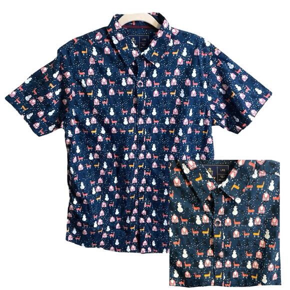 Rugby Christmas Shirt Men's Size L Blue Santa Snowman Reindeer Button Up Cotton - Picture 2 of 5